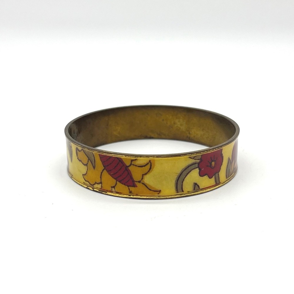 Vintage Brass Floral Enamel Bangle Bracelet Yellow Red Hand Painted Bohemian
